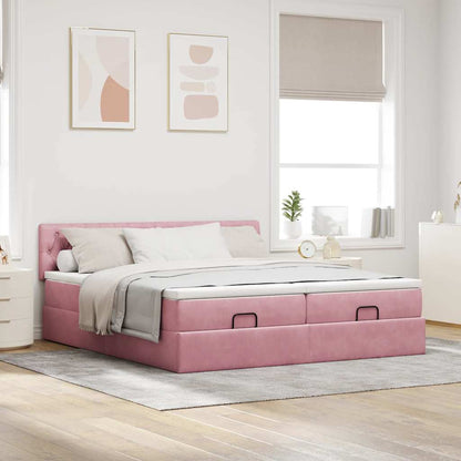 Struttura Letto Pouf con Materassi Rosa 160x200 cm Velluto