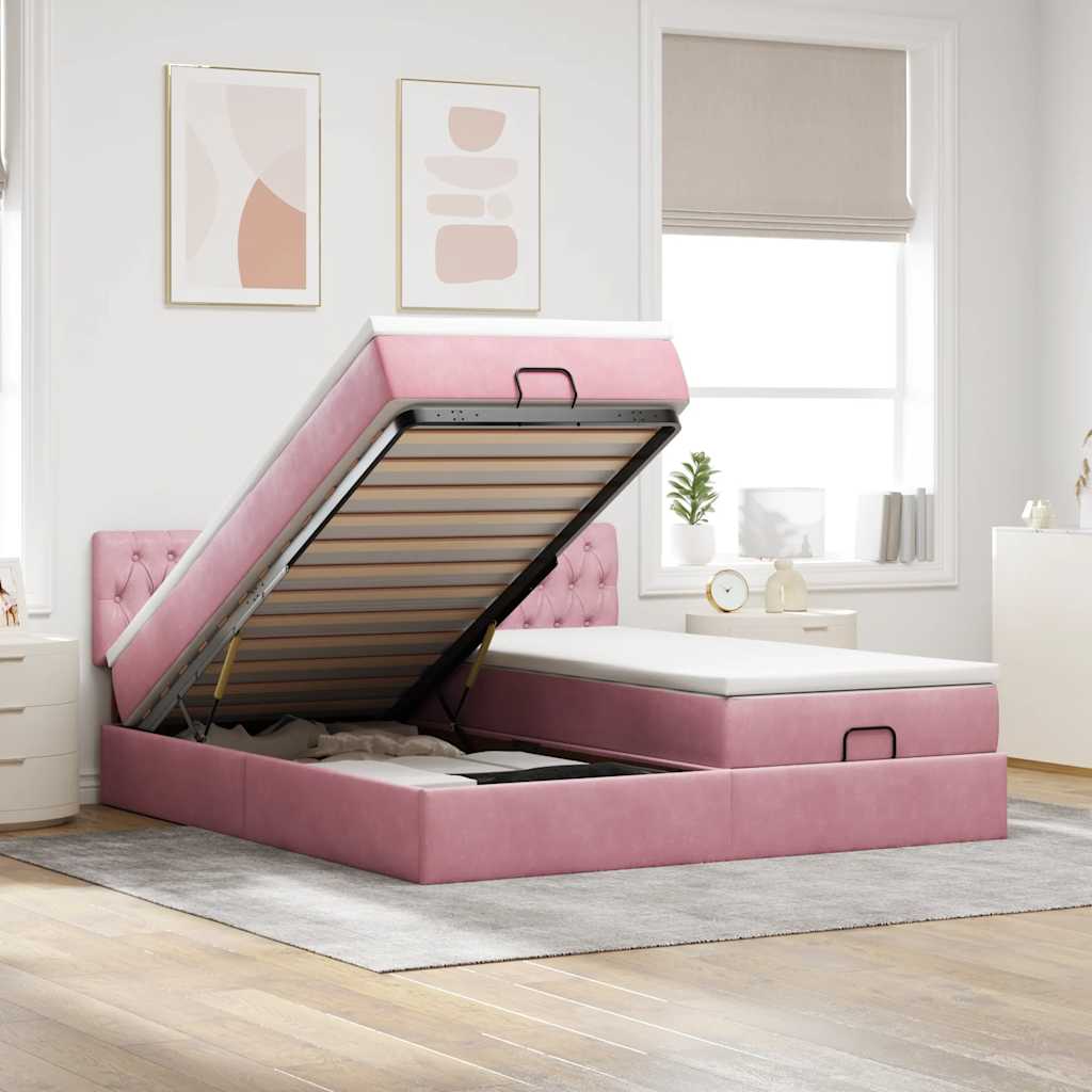 Struttura Letto Pouf con Materassi Rosa 180x200 cm Velluto