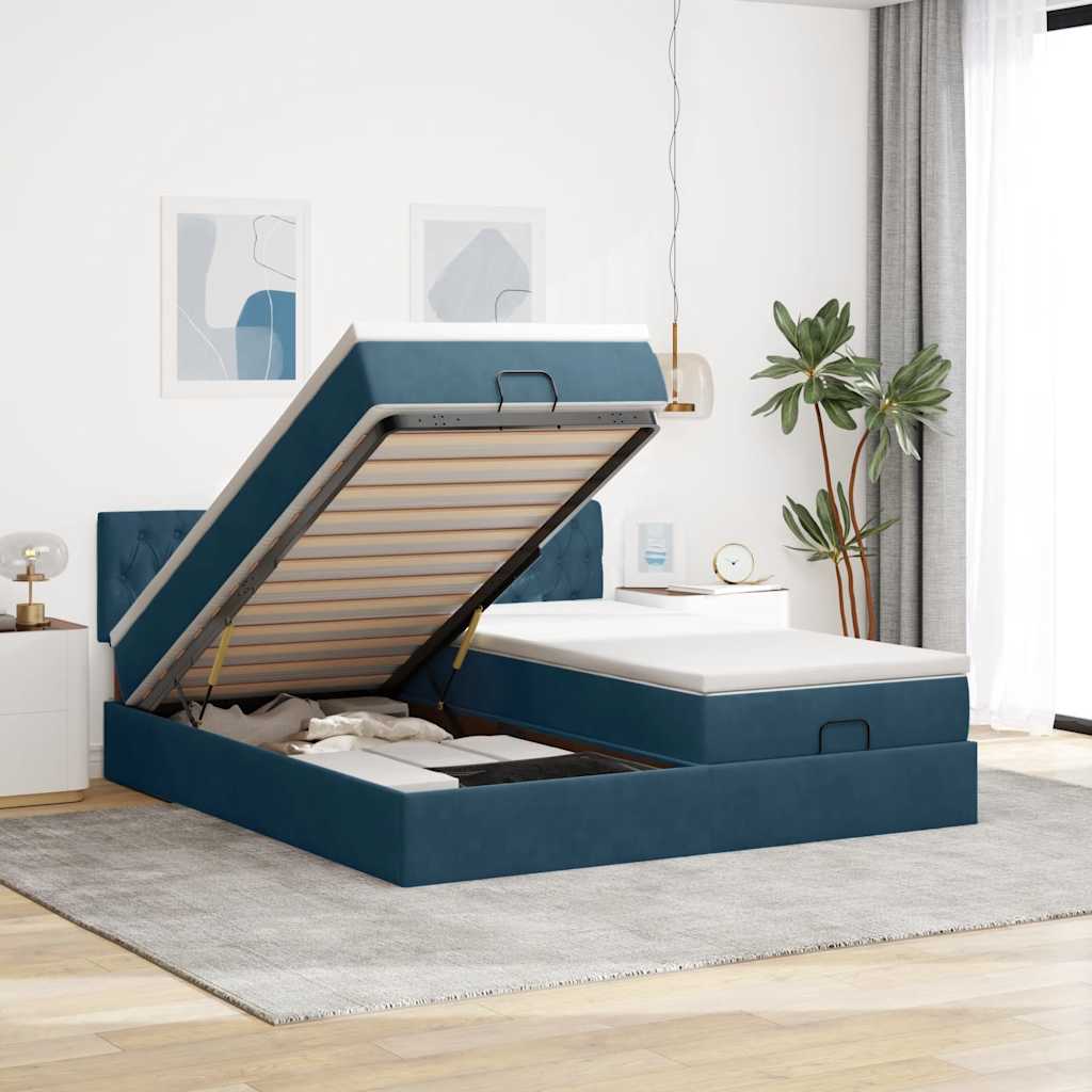 Pouf Letto con Materassi e LED Blu Scuro 200x200cm Velluto | homemem39