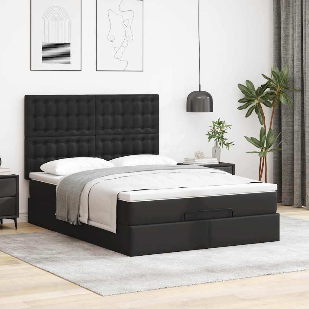 Struttura Letto Pouf con Materasso Nero 140x190 cm Similpelle