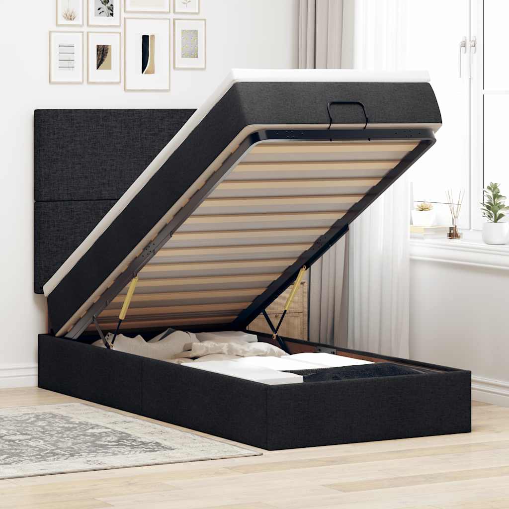 Struttura Letto Pouf con Materasso Nero 90x190 cm in Tessuto
