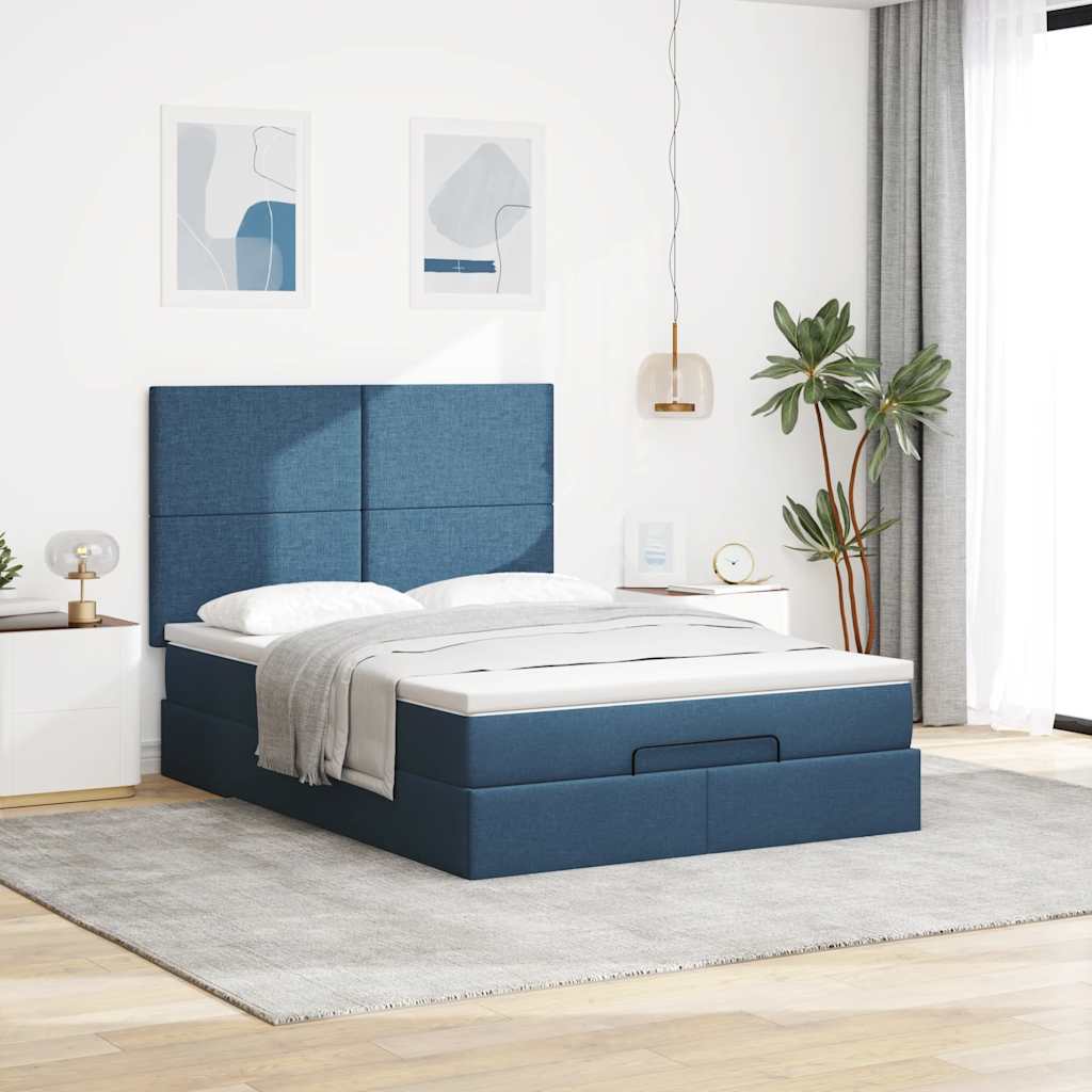 Struttura Letto Pouf con Materasso Blu 140x190 cm in Tessuto | homemem39