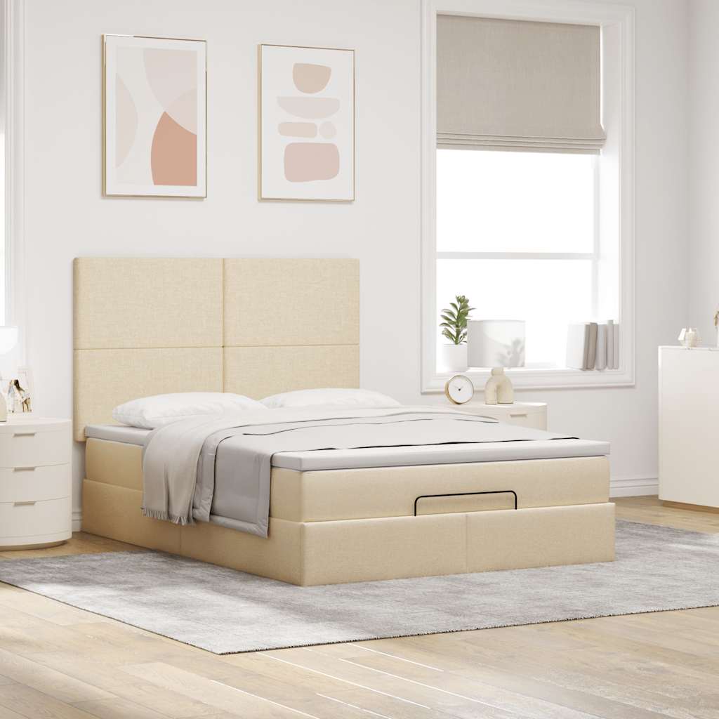 Struttura Letto Pouf con Materasso Crema 140x200 cm in Tessuto | homemem39