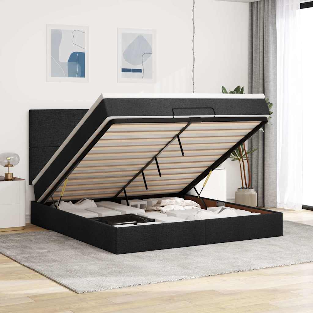 Struttura Letto Pouf con Materasso Nero 160x200 cm in Tessuto | homemem39