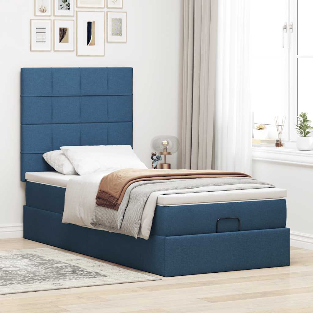 Struttura Letto Pouf con Materasso Blu 90x190 cm in Tessuto