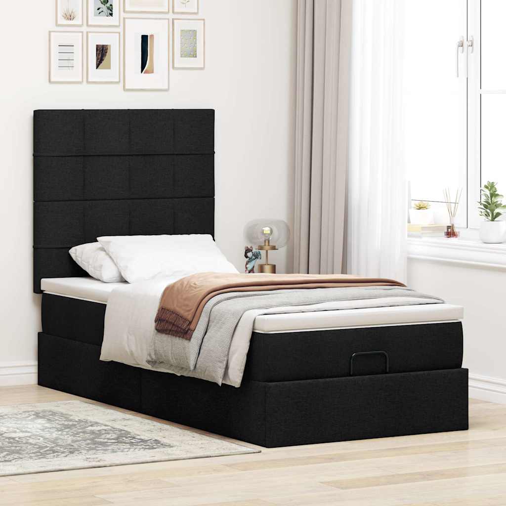 Pouf Letto con Materasso Nero 90x200 cm in Tessuto