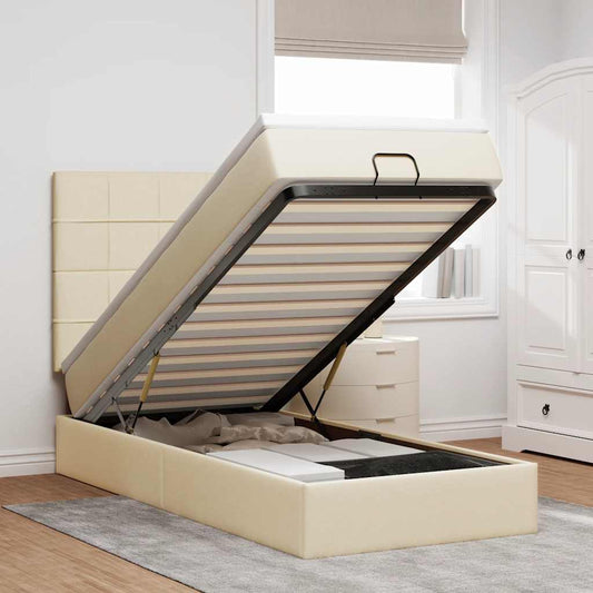 Pouf Letto con Materasso Crema 90x200 cm in Tessuto