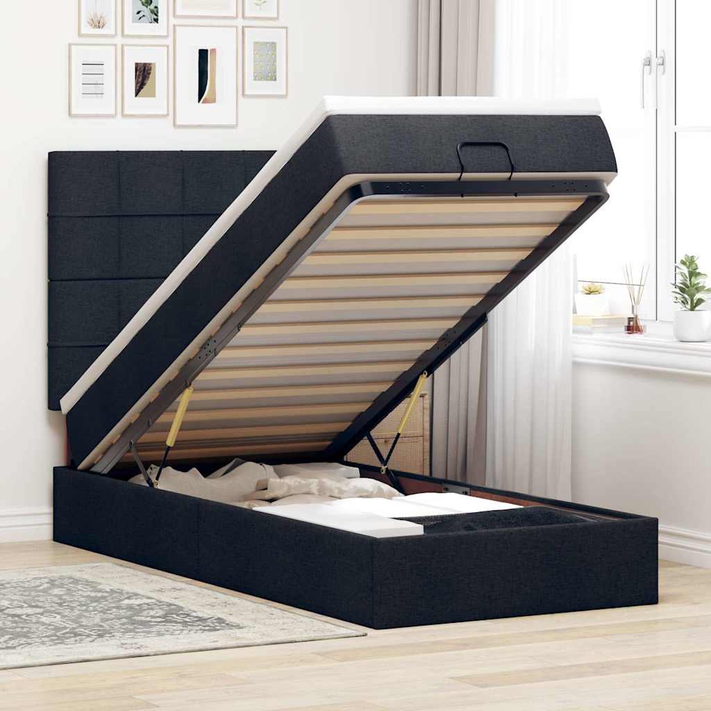 Pouf Letto con Materasso Nero 100x200 cm in Tessuto
