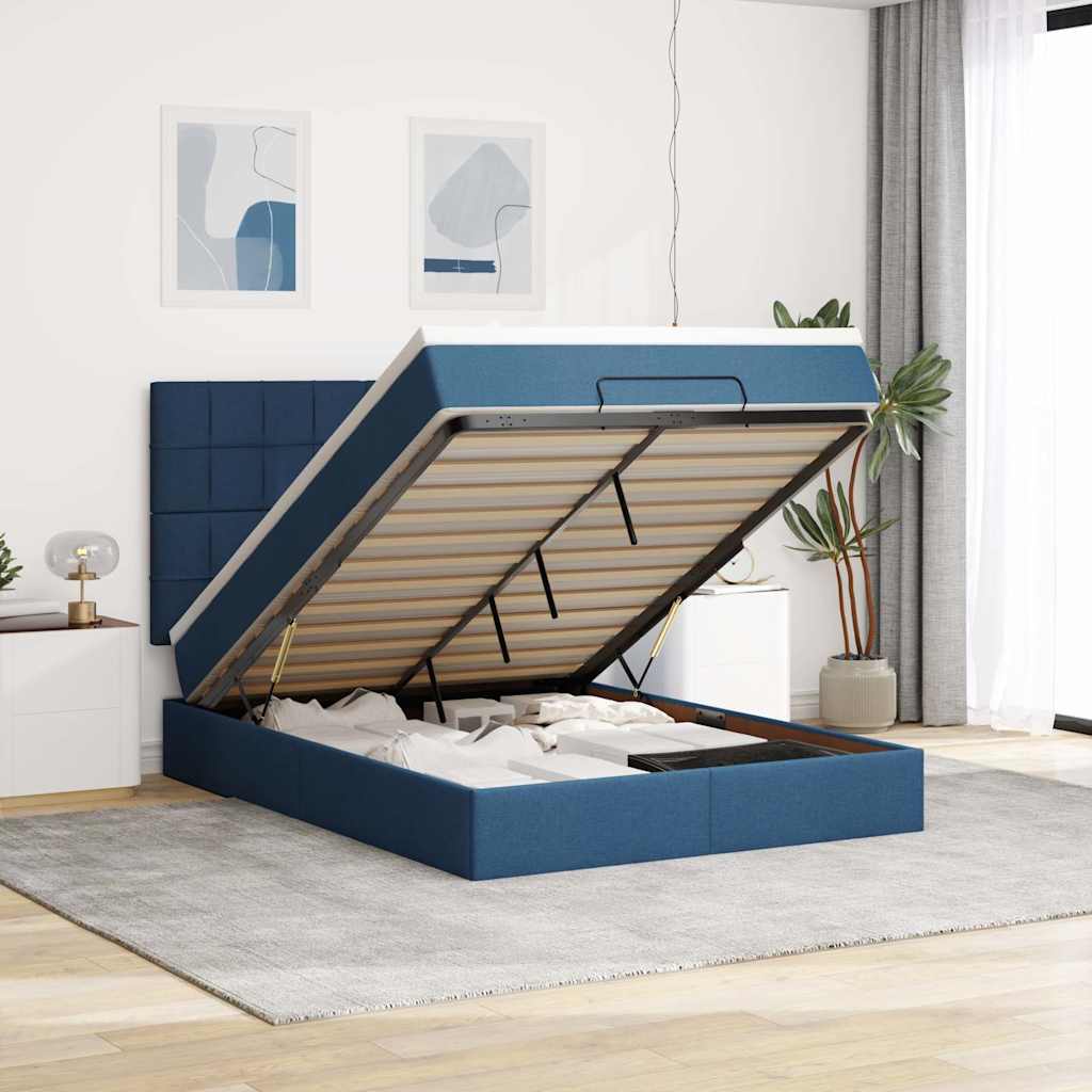 Struttura Letto Pouf con Materasso Blu 140x190 cm in Tessuto | homemem39
