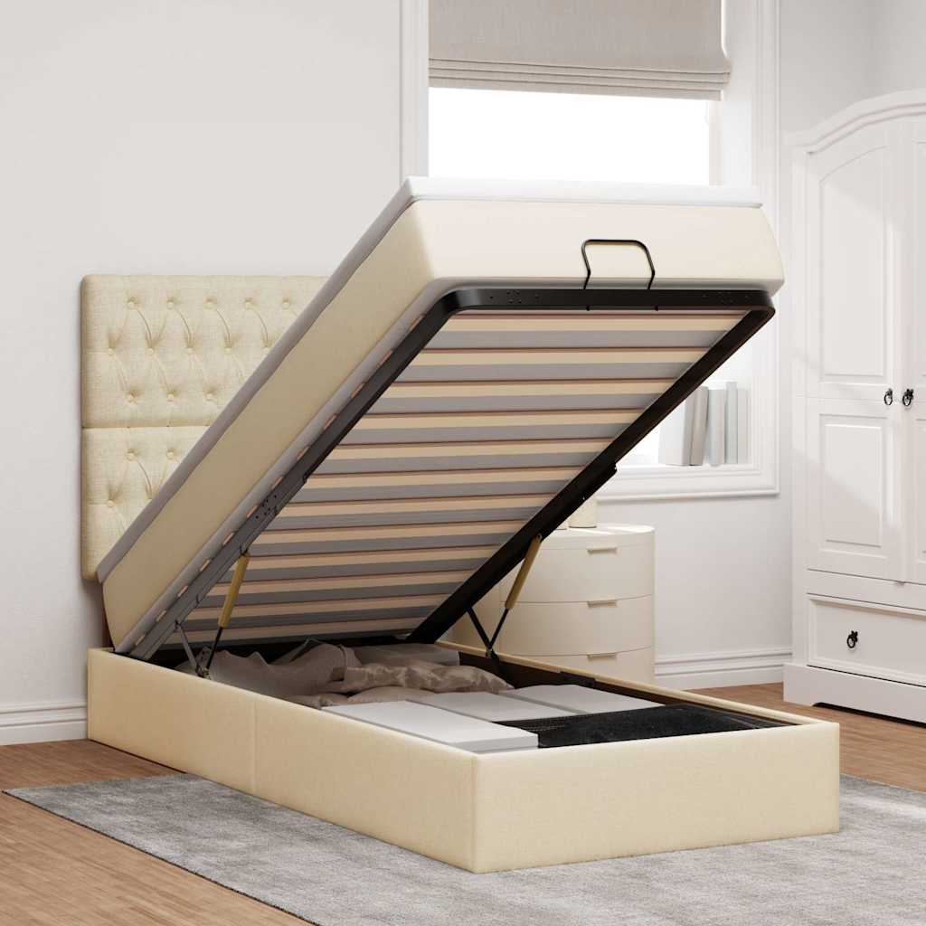 Pouf Letto con Materasso Crema 100x200 cm in Tessuto
