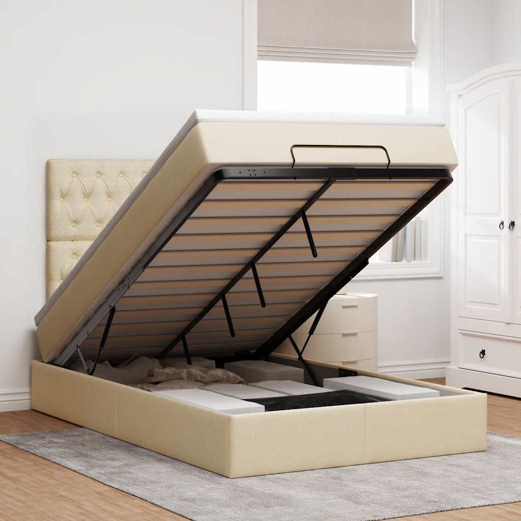 Struttura Letto Pouf con Materasso Crema 120x190 cm in Tessuto
