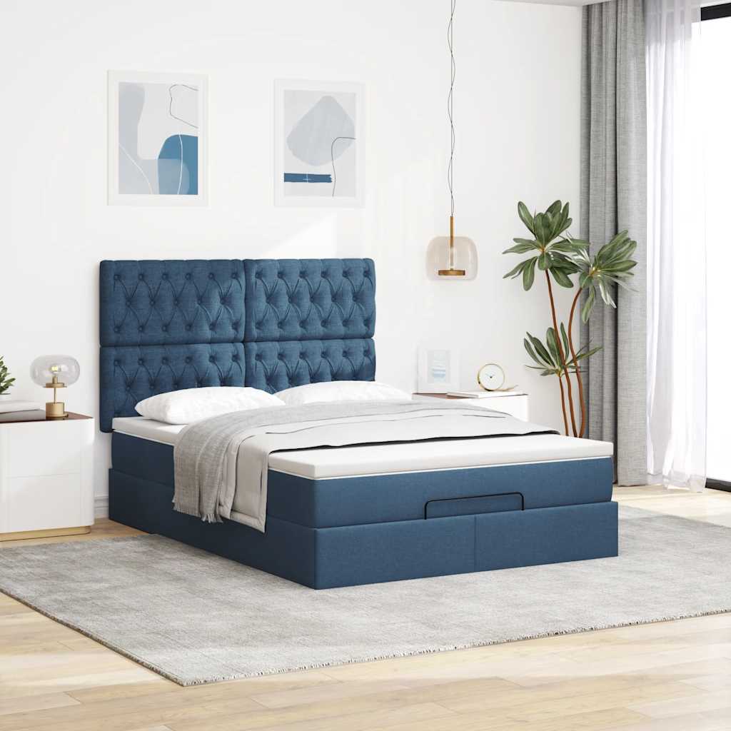 Struttura Letto Pouf con Materasso Blu 140x190 cm in Tessuto | homemem39