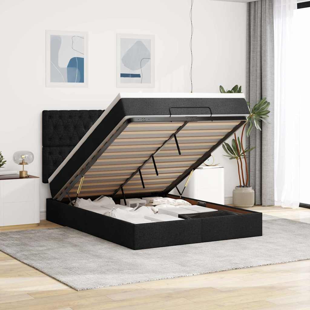 Struttura Letto Pouf con Materasso Nero 140x200 cm in Tessuto | homemem39