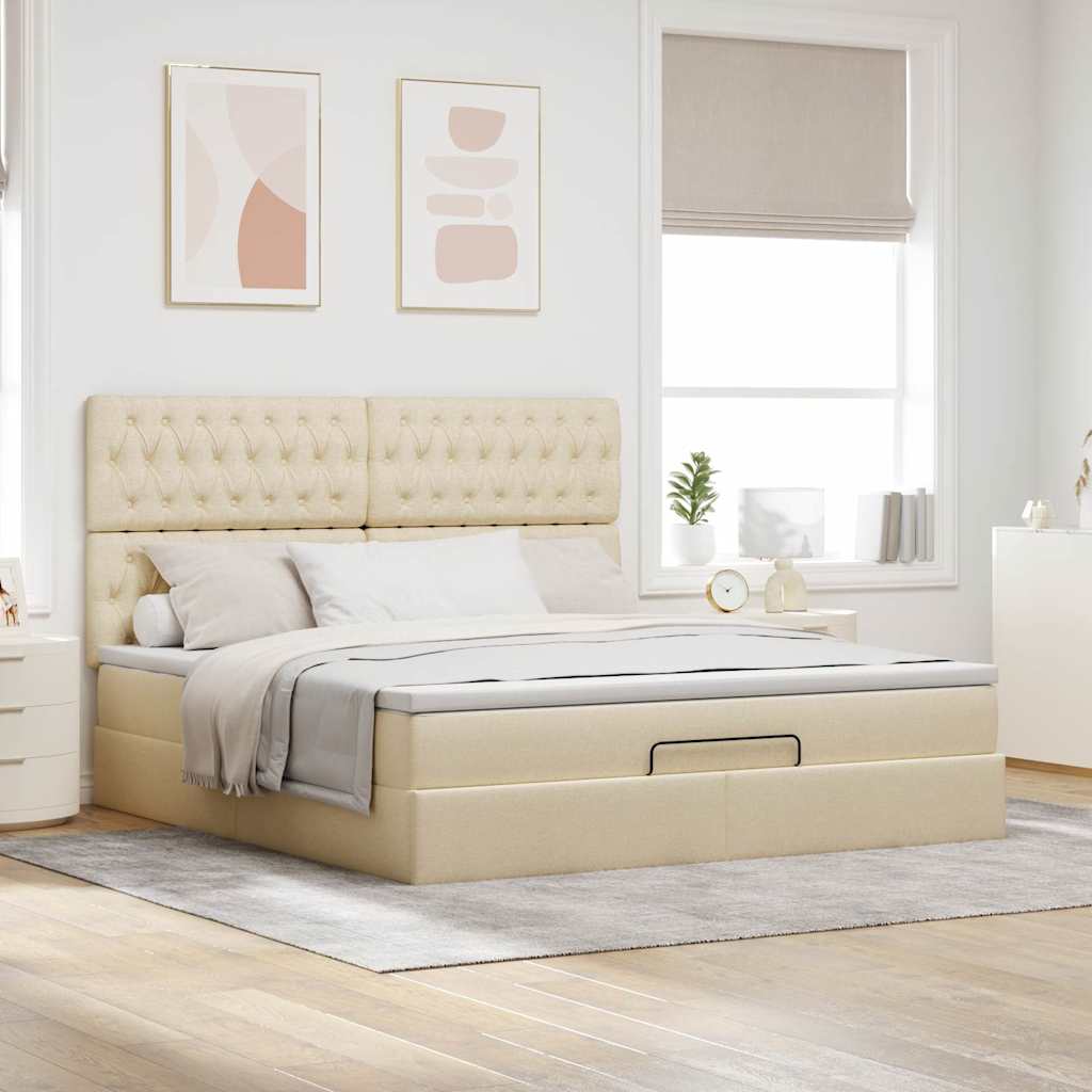 Struttura Letto Pouf con Materasso Crema 160x200 cm in Tessuto | homemem39
