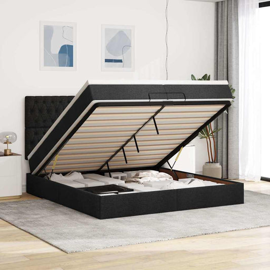 Struttura Letto Pouf con Materassi Nero 200x200 cm in Tessuto | homemem39