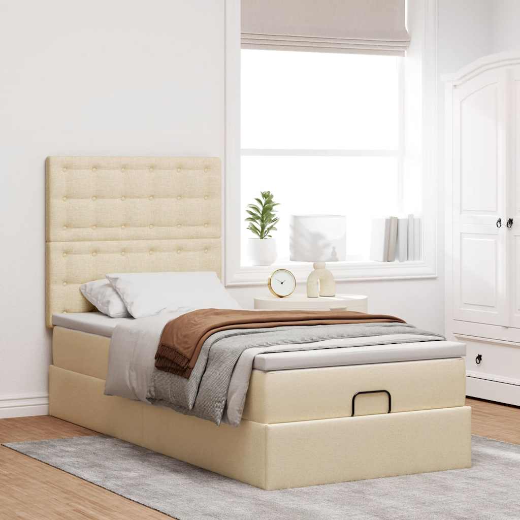 Struttura Letto Pouf con Materasso Crema 90x190 cm in Tessuto