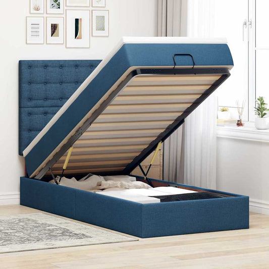 Struttura Letto Pouf con Materasso Blu 90x190 cm in Tessuto