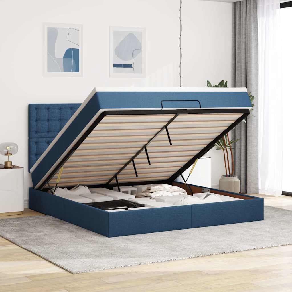 Struttura Letto Pouf con Materasso Blu 160x200 cm in Tessuto | homemem39