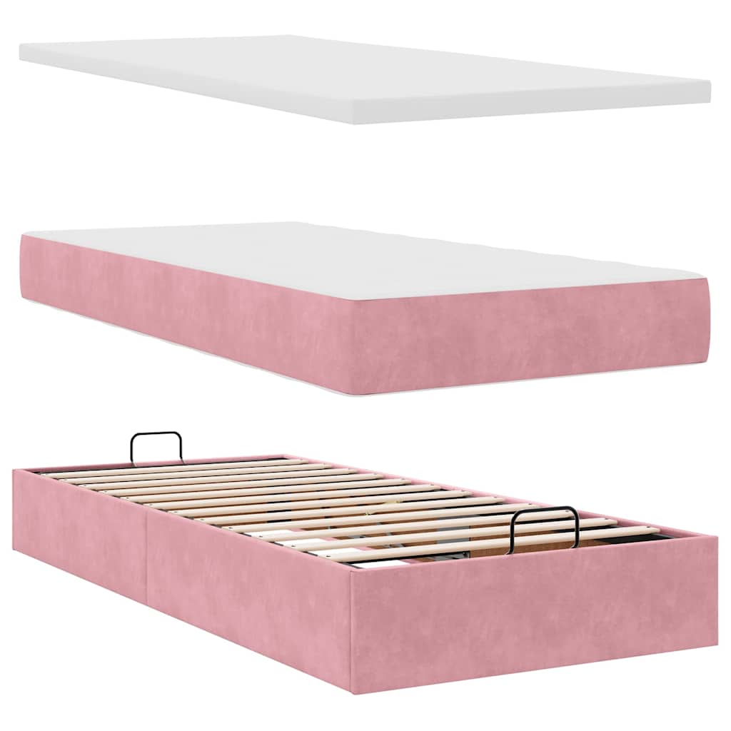 Struttura Letto Pouf con Materassi Rosa 90x200 cm in Velluto