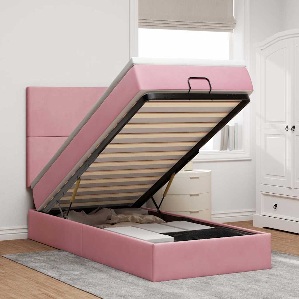 Struttura Letto Pouf con Materassi Rosa 90x200 cm in Velluto
