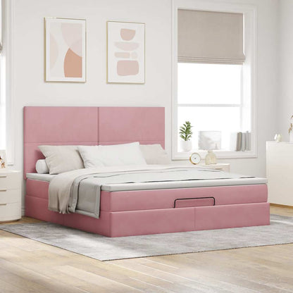 Struttura Letto Pouf con Materassi Rosa 160x200 cm Velluto