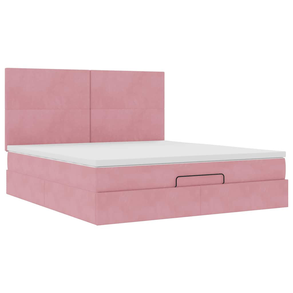 Struttura Letto Pouf con Materassi Rosa 160x200 cm Velluto