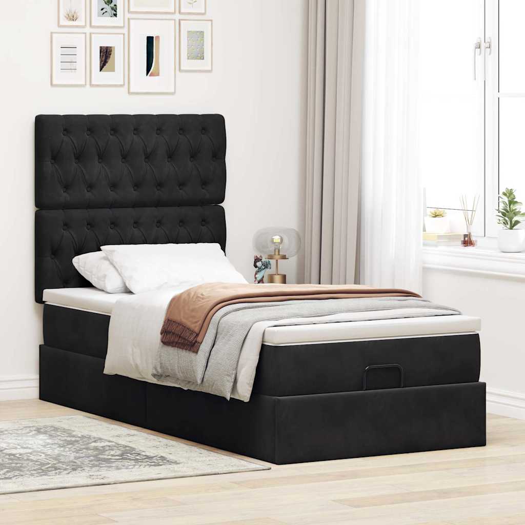 Struttura Letto Pouf con Materassi Nero 80x200 cm in Velluto