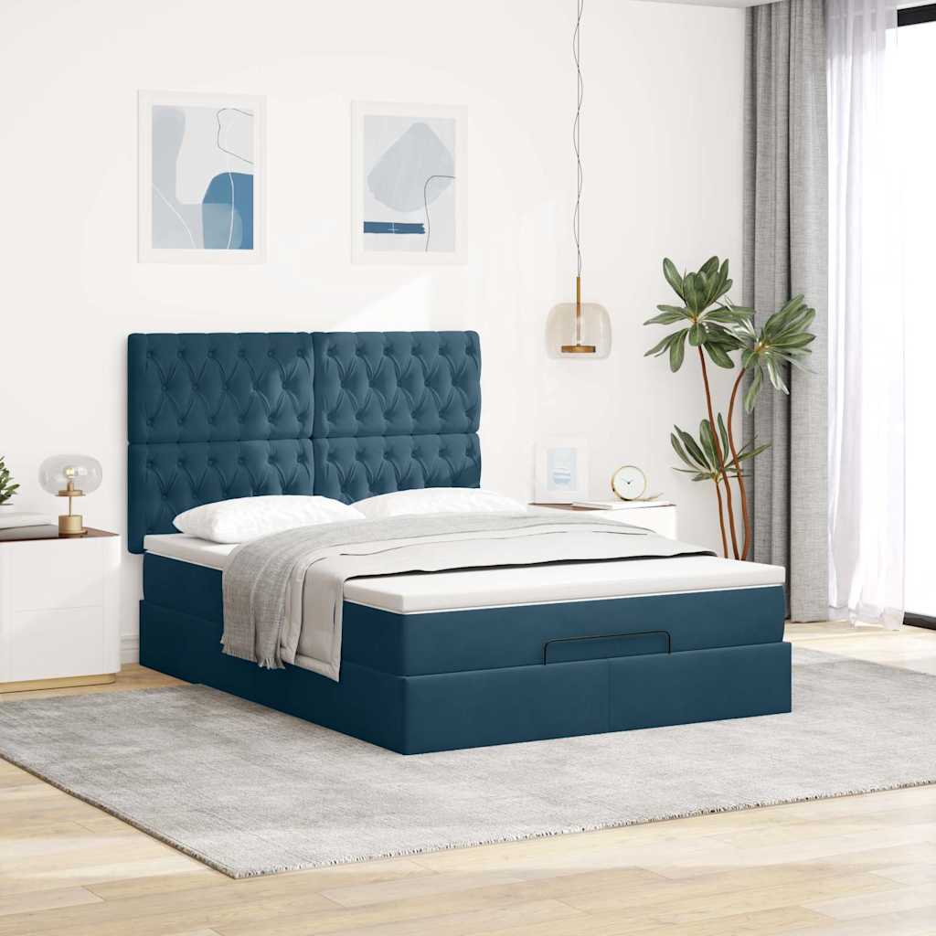 Struttura Letto Pouf con Materassi Blu 140x200cm in Velluto