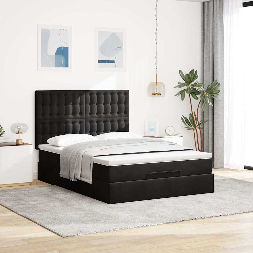 Struttura Letto Pouf con Materassi Nero 140x200 cm in Velluto