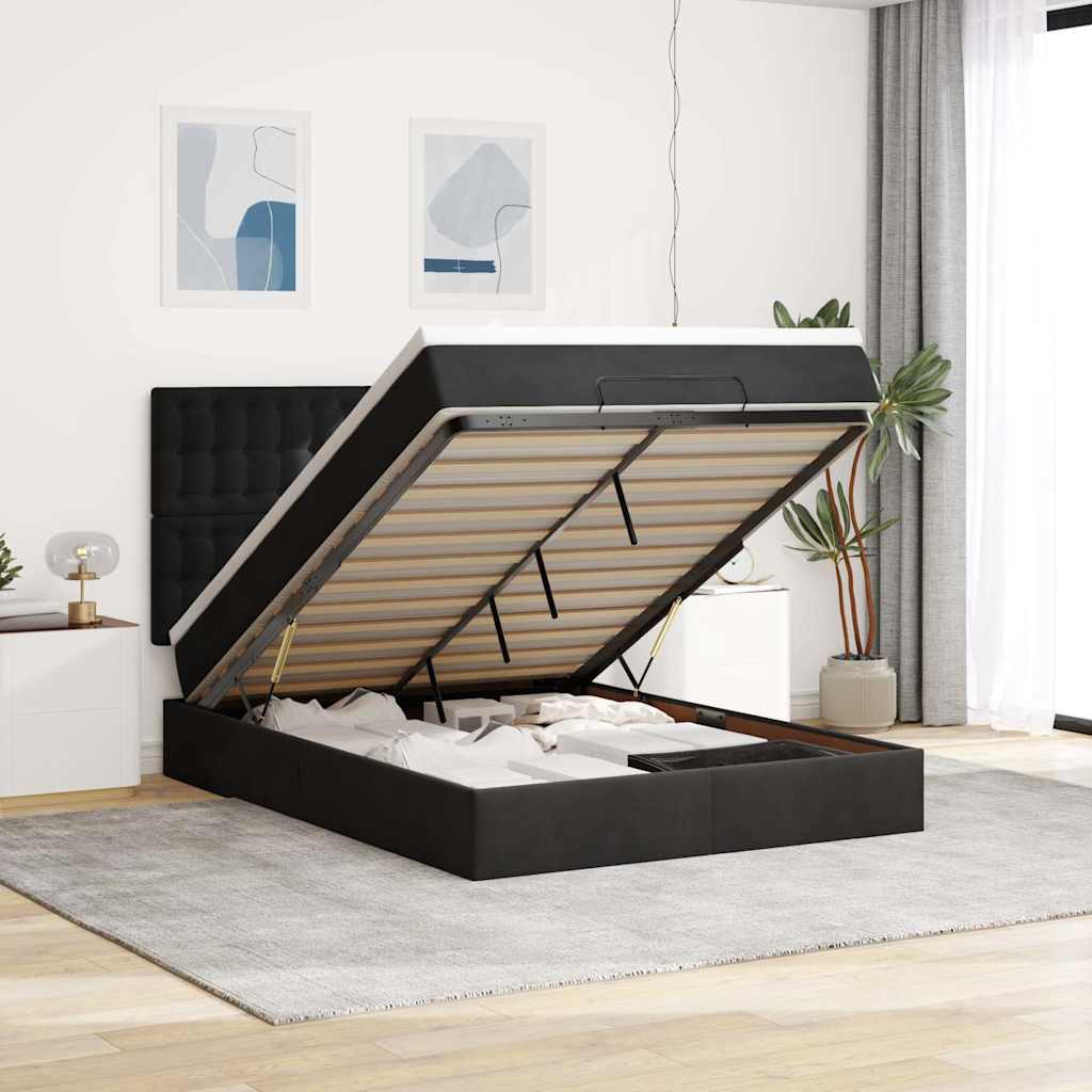 Struttura Letto Pouf con Materassi Nero 140x200 cm in Velluto