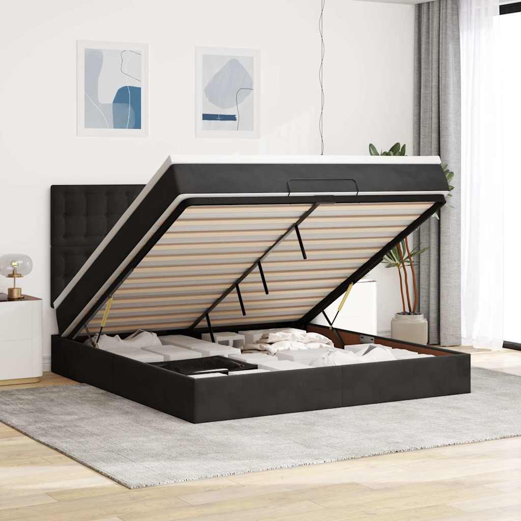 Struttura Letto Pouf con Materassi Nero 160x200 cm in Velluto