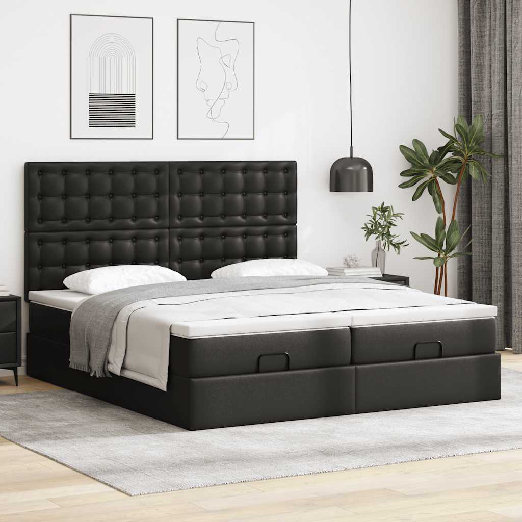 Struttura Letto Pouf con Materassi Nero 160x200 cm Similpelle