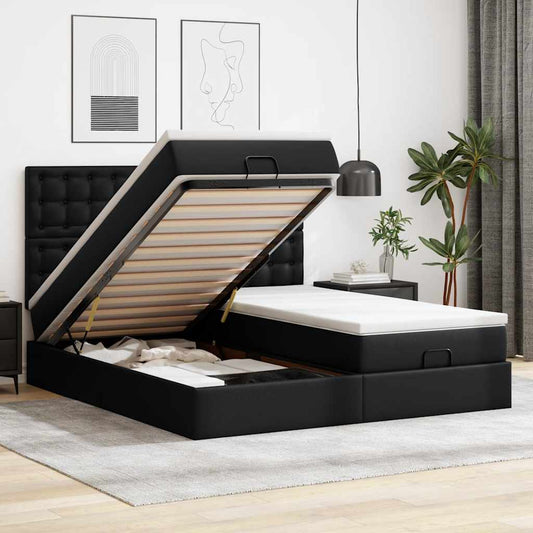 Struttura Letto Pouf con Materassi Nero 200x200 cm Similpelle