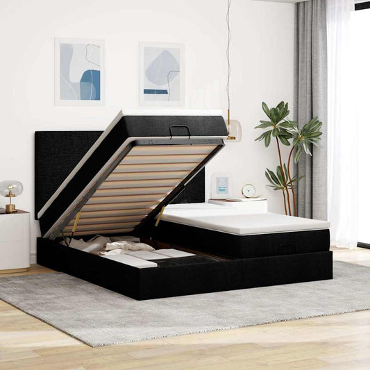 Struttura Letto Pouf con Materassi Nero 200x200 cm in Tessuto
