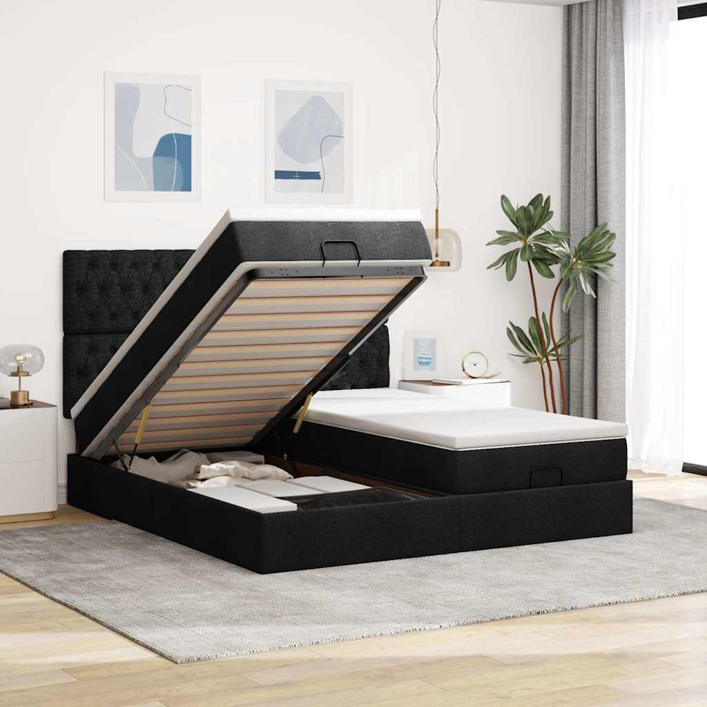 Struttura Letto Pouf con Materassi Nero 160x200 cm in Tessuto