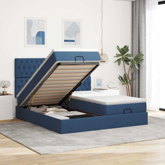 Struttura Letto Pouf con Materassi Blu 200x200 cm in Tessuto
