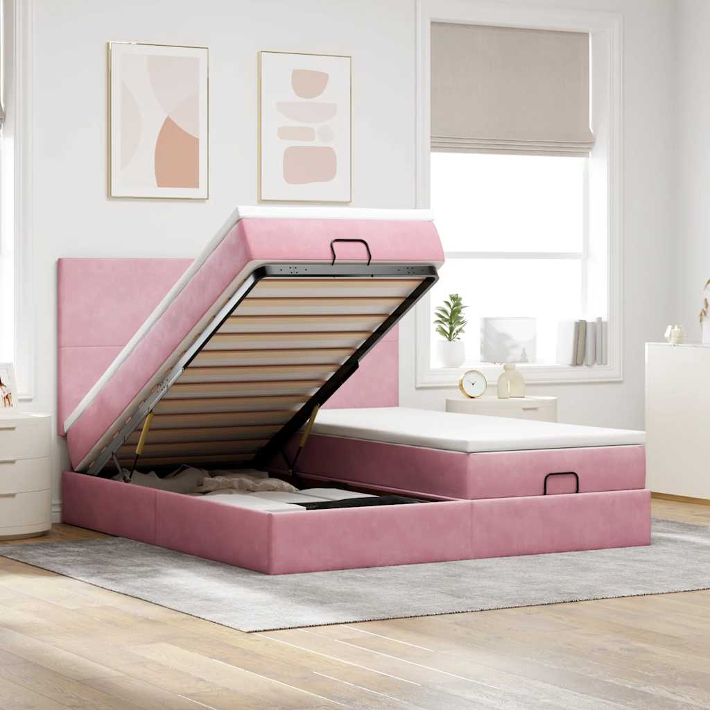 Struttura Letto Pouf con Materassi Rosa 160x200 cm Velluto