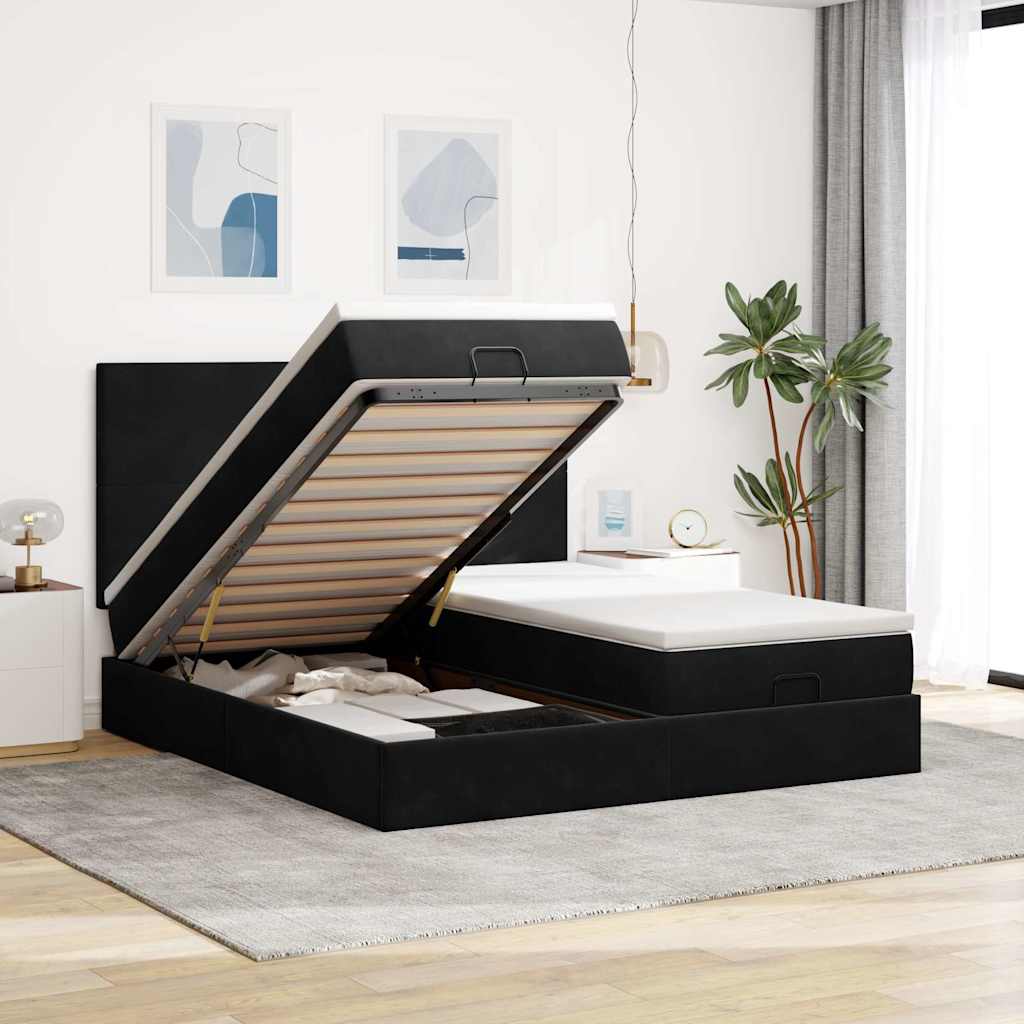 Struttura Letto Pouf con Materassi Nero 180x200 cm in Velluto