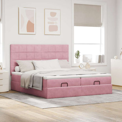 Struttura Letto Pouf con Materassi Rosa 160x200 cm Velluto