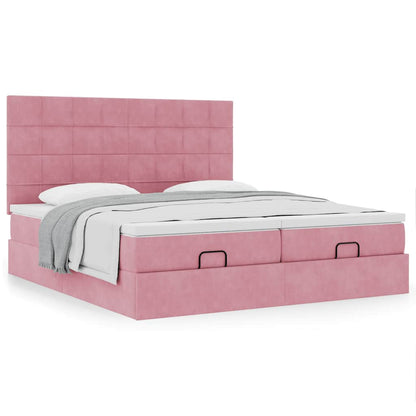 Struttura Letto Pouf con Materassi Rosa 160x200 cm Velluto