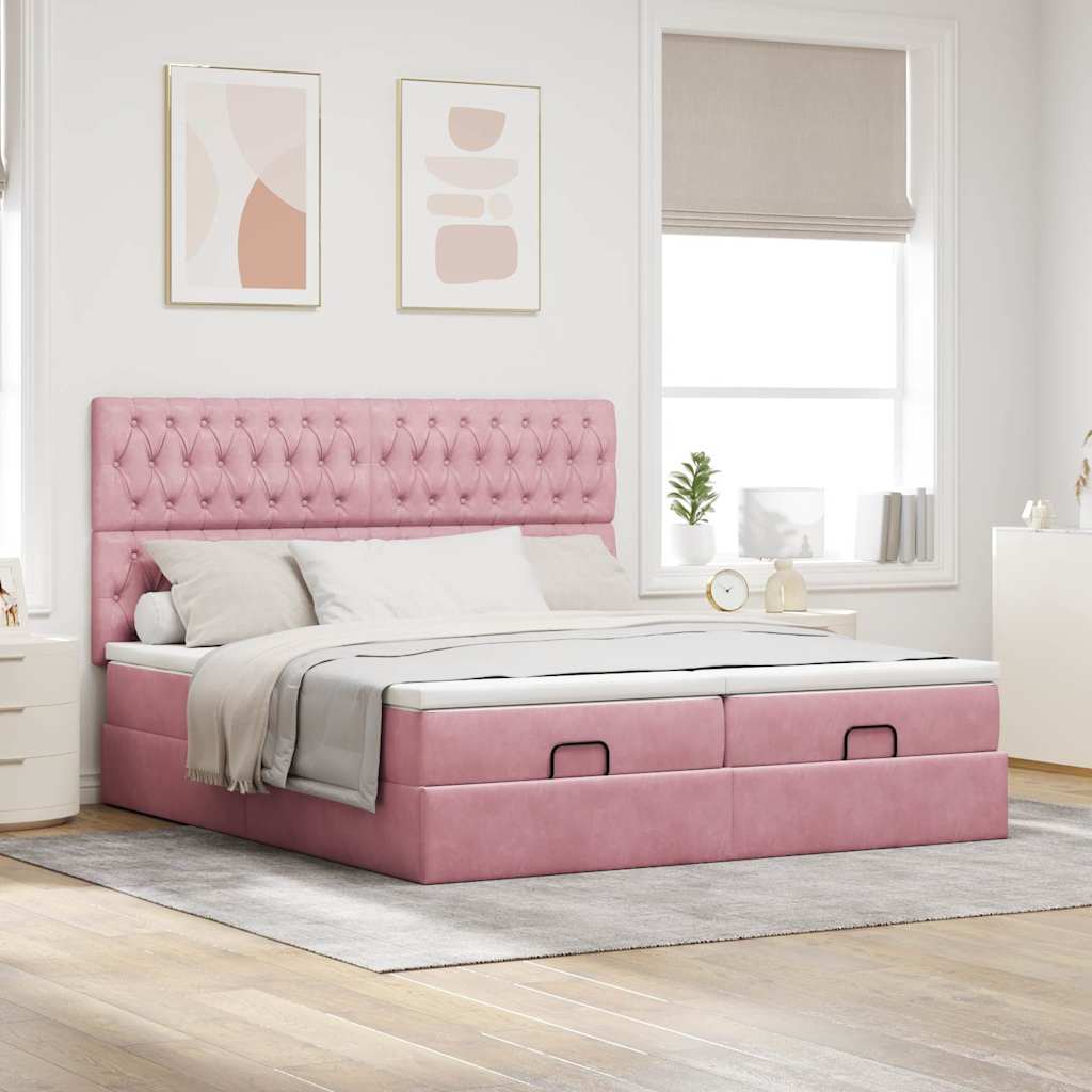 Struttura Letto Pouf con Materassi Rosa 200x200 cm Velluto