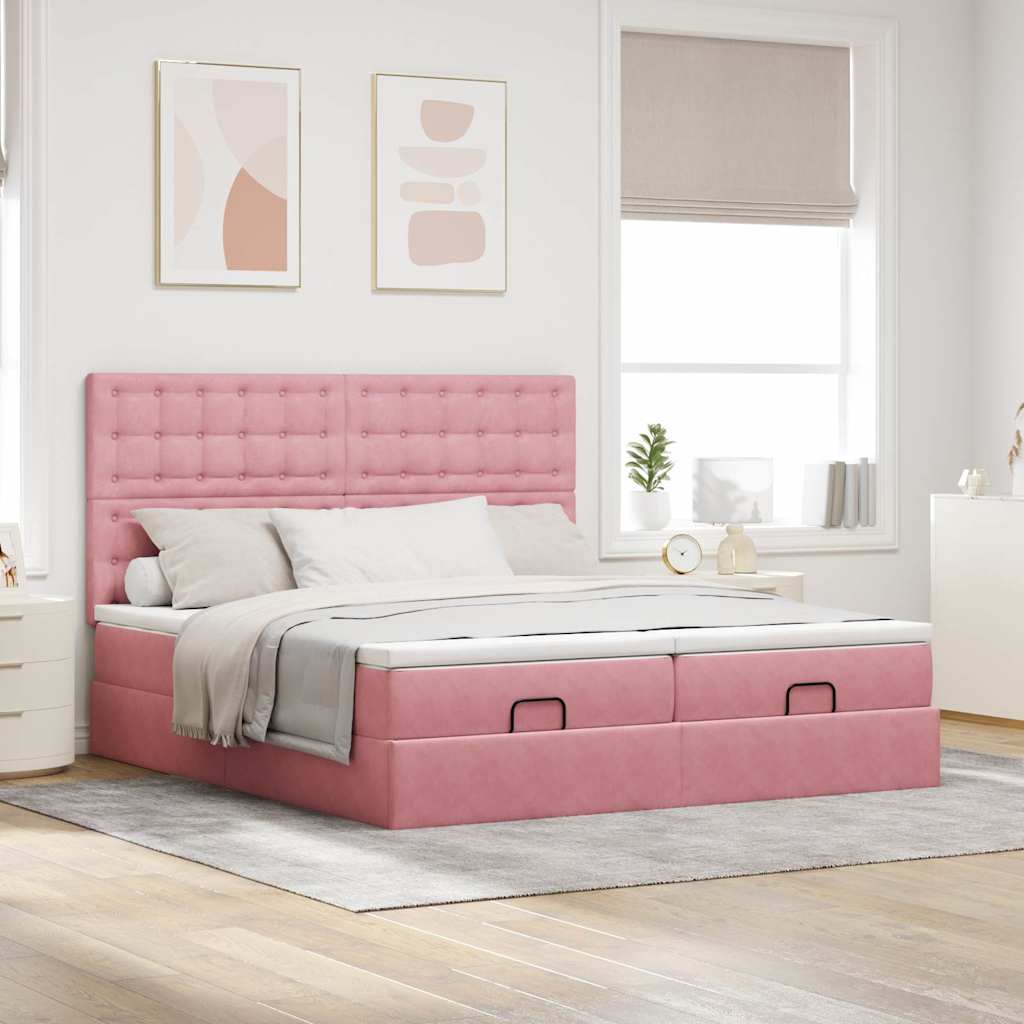 Struttura Letto Pouf con Materassi Rosa 160x200 cm Velluto