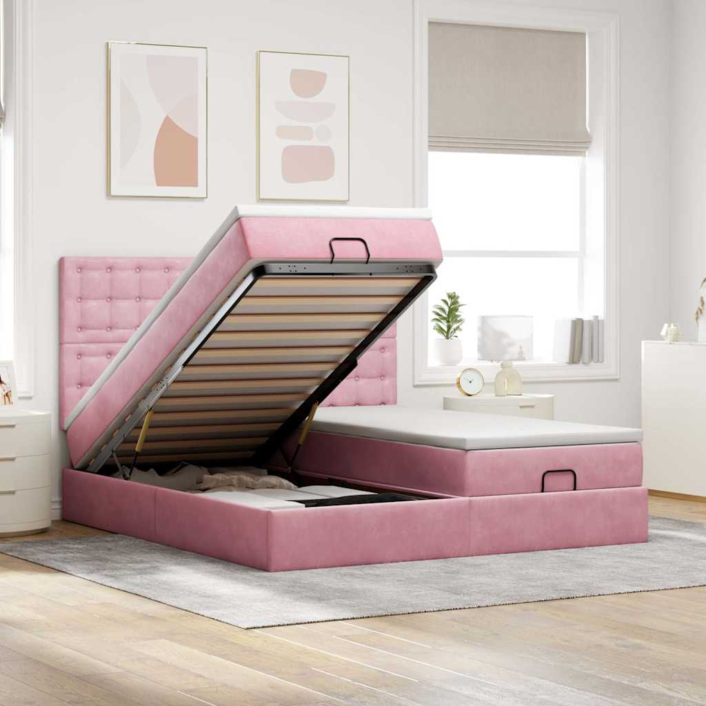 Struttura Letto Pouf con Materassi Rosa 160x200 cm Velluto