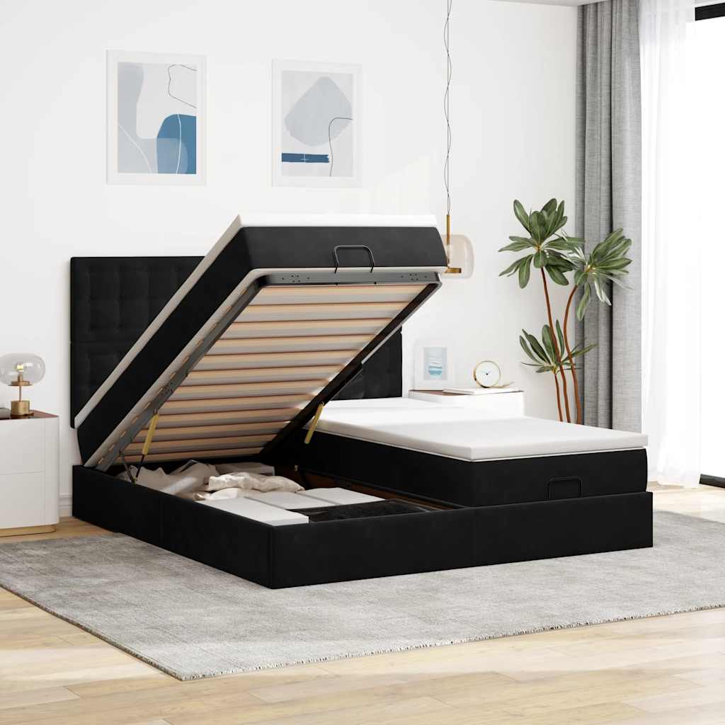 Struttura Letto Pouf con Materassi Nero 200x200 cm Velluto