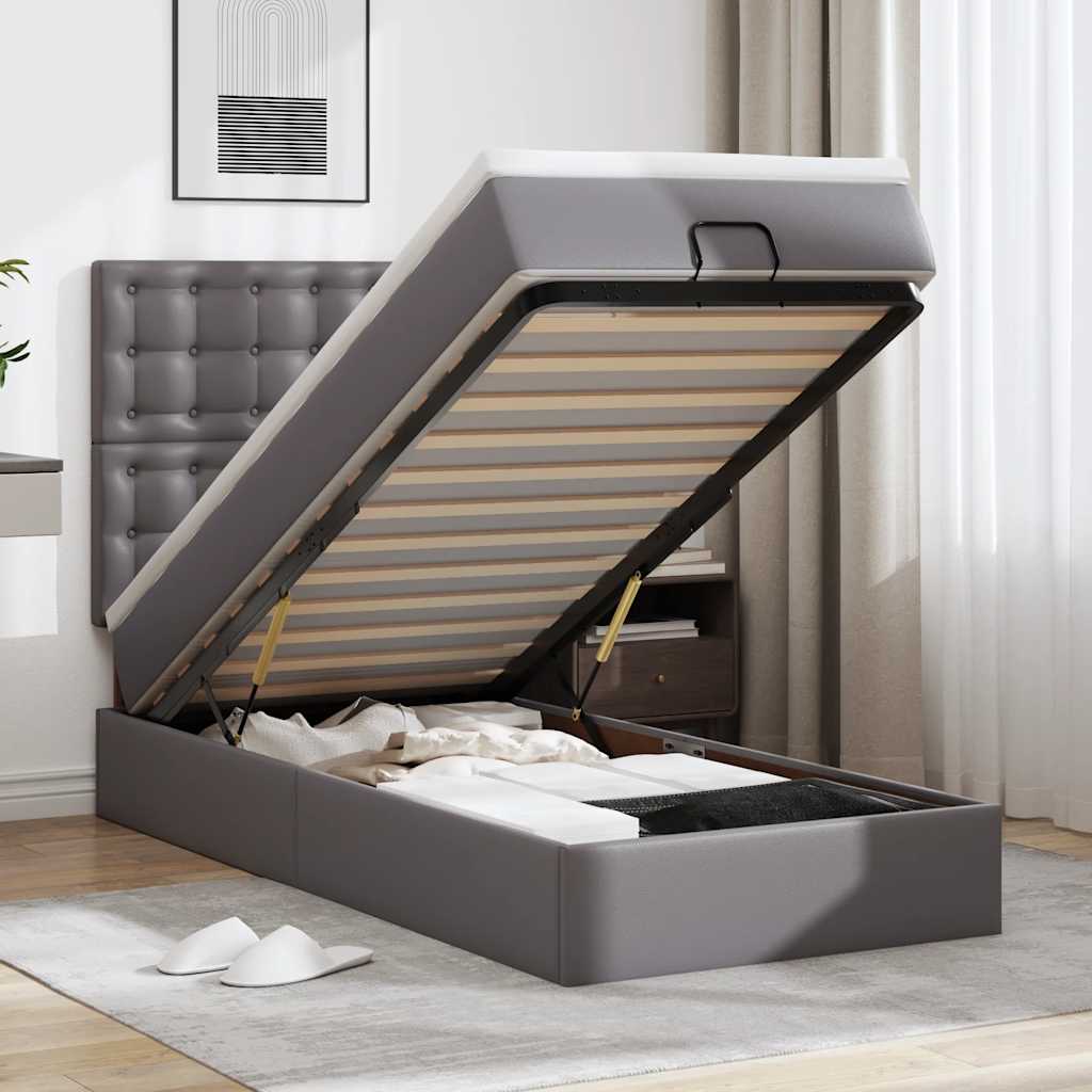 Struttura Letto Pouf con Materasso Grigio 90x200 cm Similpelle