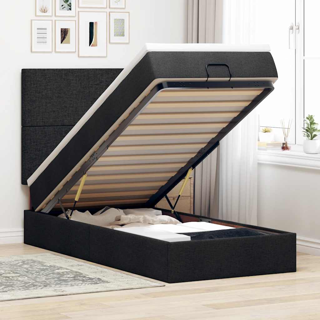 Struttura Letto Pouf con Materasso Nero 90x190 cm in Tessuto