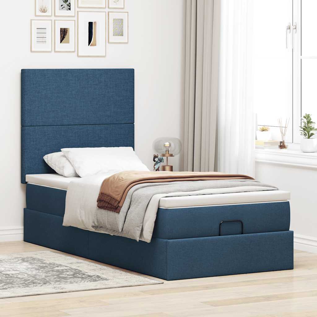 Struttura Letto Pouf con Materasso Blu 90x190 cm in Tessuto