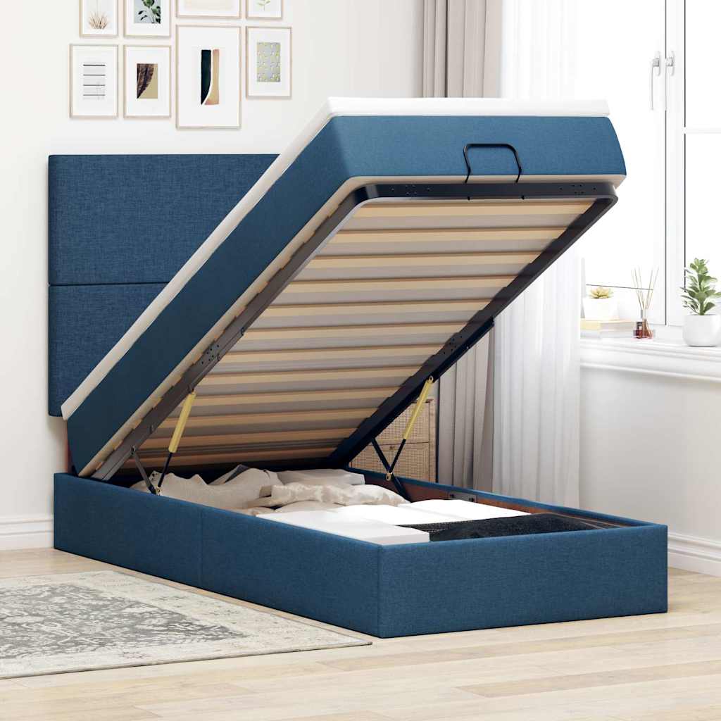Struttura Letto Pouf con Materasso Blu 90x190 cm in Tessuto
