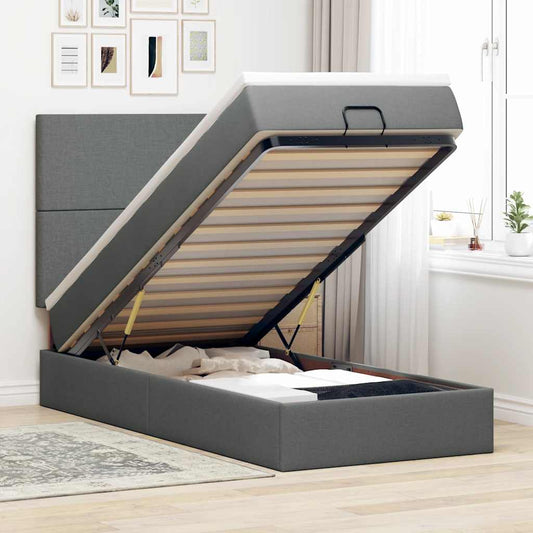 Pouf Letto con Materasso e LED Grigio Scuro 90x200 cm Tessuto