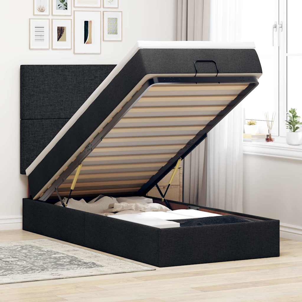Struttura Letto Pouf con Materasso Nero 90x200 cm in Tessuto